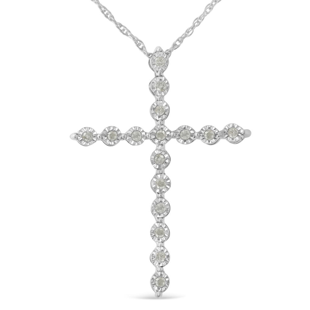 .925 Sterling Silver 1/6 Carat Diamond Shared Prong Cross Pendant Necklace